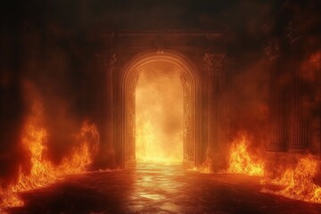 Fototapeta premium Fiery gateway reveals an intense blaze within an ancient, ornate stone structure at dusk