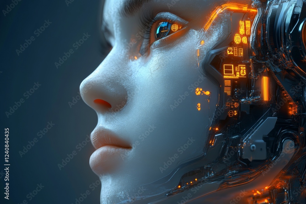Fototapete futuristic robotic face with intricate circuitry and glowing elements highlighting advanced technolo