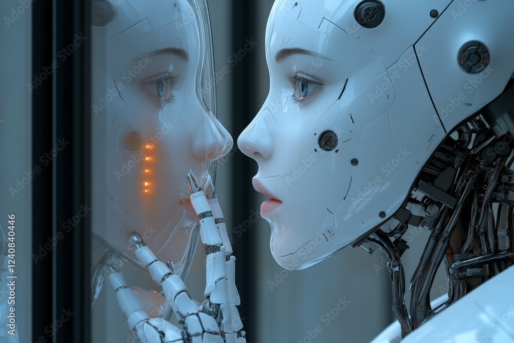 Poster robot interacts with its reflection in a futuristic environment during a moment of contemplation