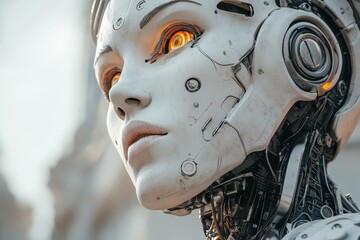 Intricate close-up of a futuristic humanoid robot with glowing orange eyes captured in an urban...