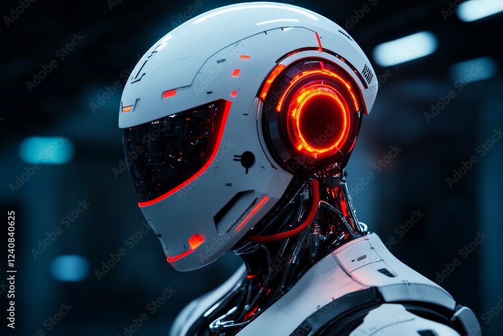 Poster futuristic robot head with glowing features in a dimly lit technological environment