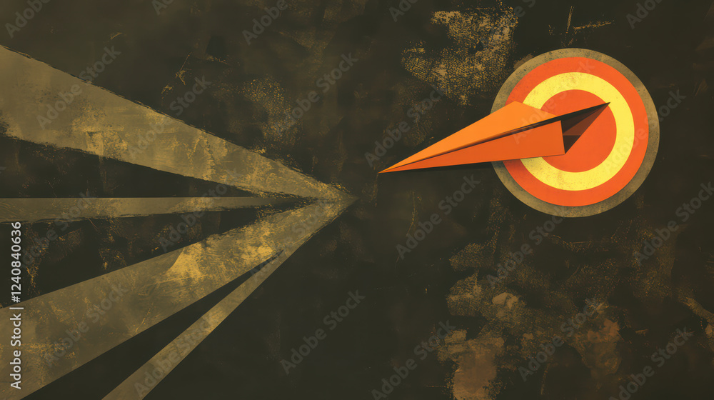 Poster paper airplane flying towards target in business setting, symbolizing focus and ambition. design fea