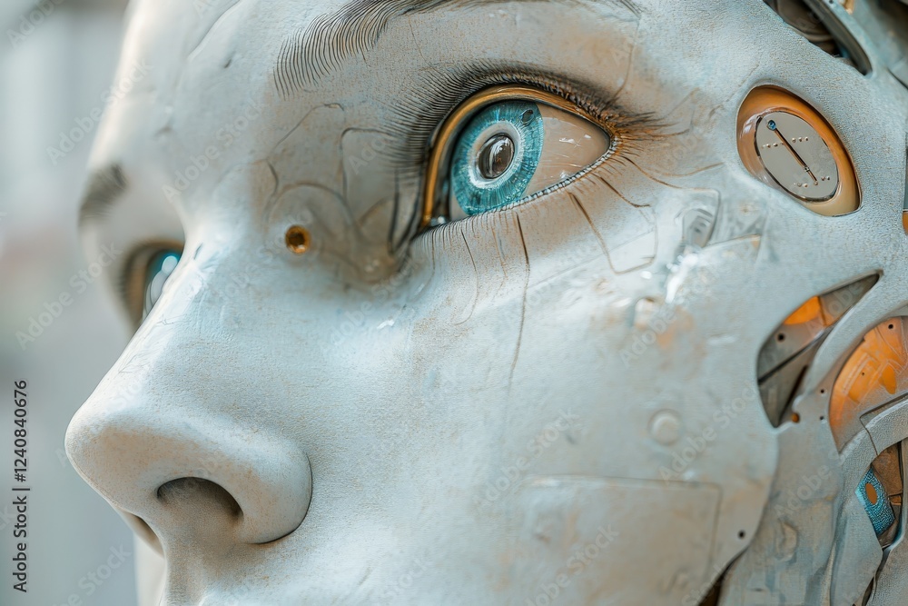 Poster close-up view of a futuristic robotic face showcasing intricate details in design and technology
