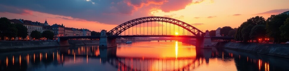 Naklejka premium Elegant bridge arching over Seine river at sunset, sunset, bridge, france