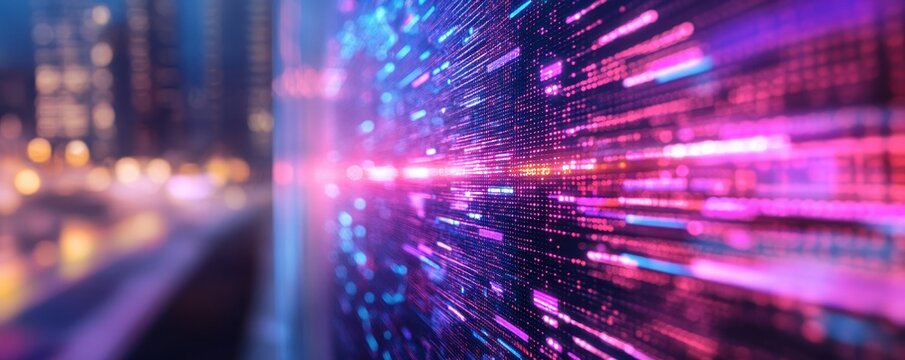 A vibrant, abstract representation of digital data flow, showcasing bright colors against a blurred urban backdrop, suggesting speed and technology.