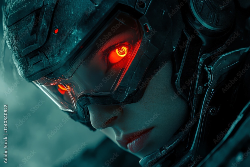Poster futuristic soldier with glowing red eyes in advanced armor at a high-tech battlefield