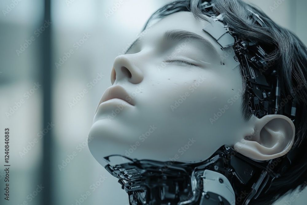 Fototapete advanced humanoid robot with realistic features and intricate circuitry displayed in a contemporary 