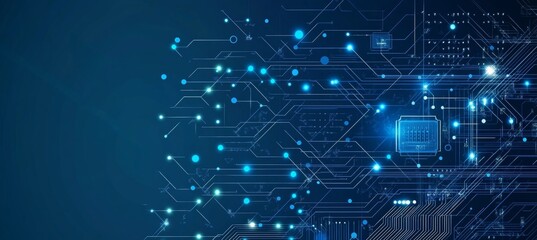 Obraz premium Glowing Blue Circuit Board on a Dark Blue Gradient Background, Vector Illustration of Technology