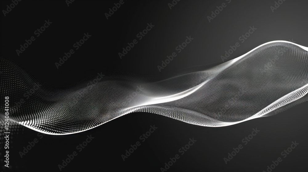 Poster abstract wave pattern with smooth lines and dots on dark background, creating sense of movement and 