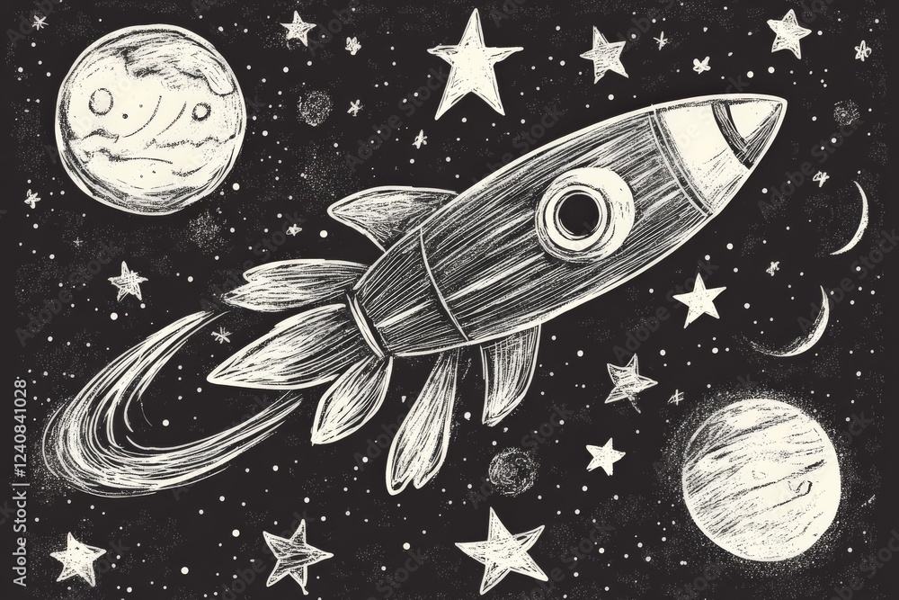 Poster rocket launching through a starry space with planets in the background during a clear cosmic night