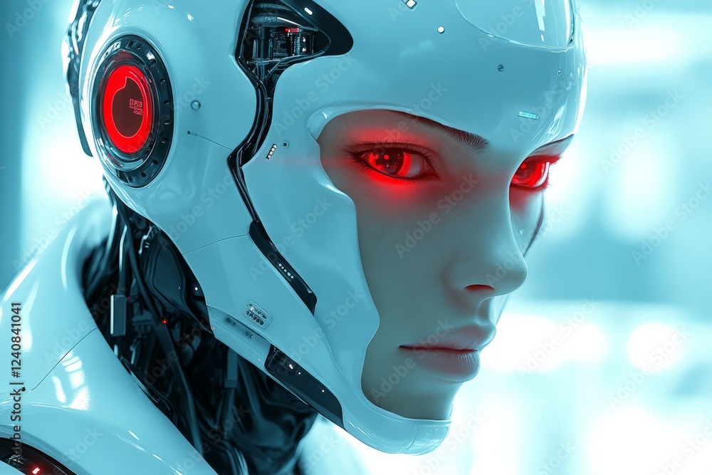 Leinwandbilder futuristic humanoid robot with glowing red eyes exploring advanced technology in a modern lab settin