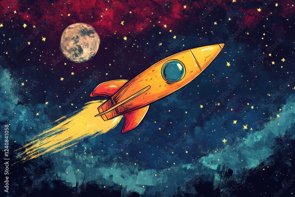 Poster rocket soaring through a starry night sky with a glowing moon in the background