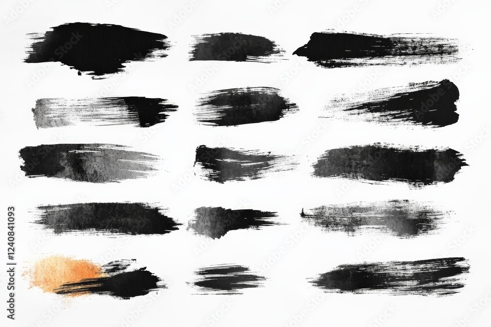 Poster brush strokes in varying shades of black and gray on white canvas with a hint of orange highlight cr