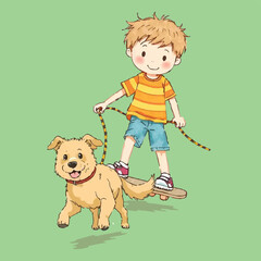 A cheerful boy in a striped orange shirt and blue shorts is skateboarding with a rope in hand, while a happy golden dog runs alongside him. The background is a vibrant green.