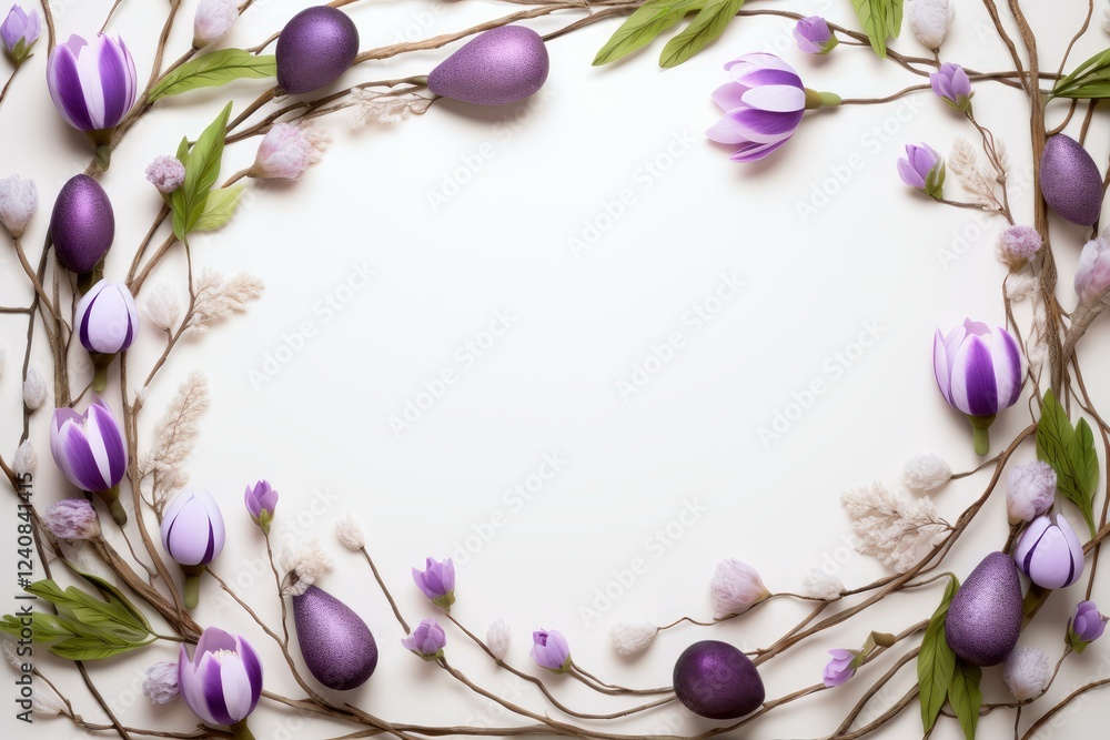 Poster easter eggs and spring flowers creating a beautiful frame on white background with copy space