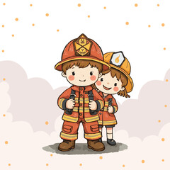 A cute illustration of two children dressed as firefighters, smiling happily. They wear orange uniforms with helmets and stand together. The background has soft smoke and playful dots.