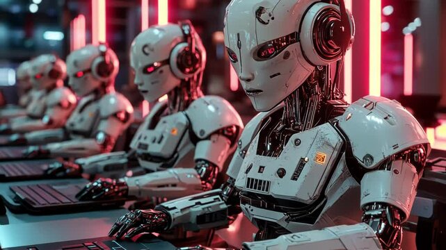 Futuristic robots working at computers in a vibrant, high-tech environment.