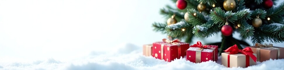 Snowy scene with white background, Christmas tree centered, presents under the tree, gift wrap, holiday season, festive atmosphere