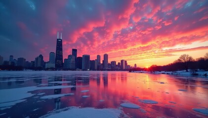 Fototapeta premium Frozen lake, vibrant sunset hues over Chicago's silhouette, urban, cold, frozen