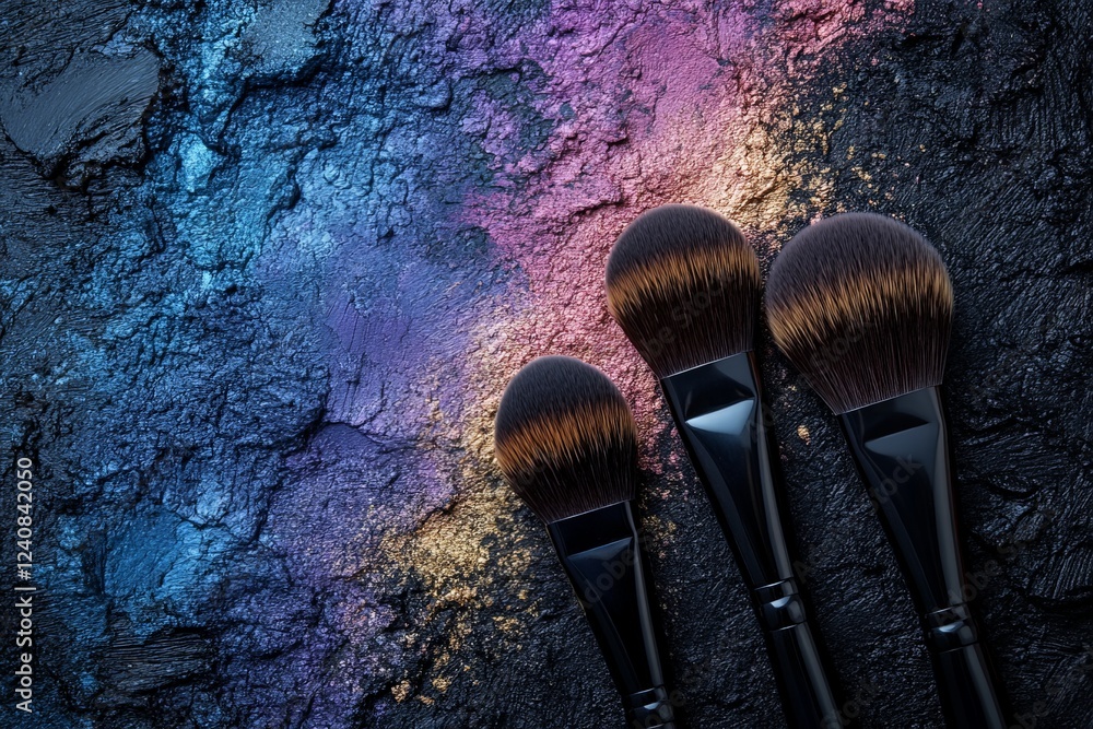 Poster brushes display with colorful powder on textured background in creative makeup setting