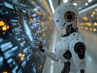 Robot interacts with data screen in futuristic facility
