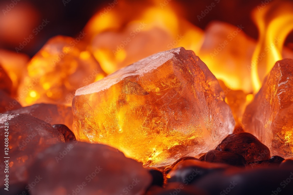 Poster glowing crystals amid fiery flames create an enchanting contrast of light and texture in this captiv