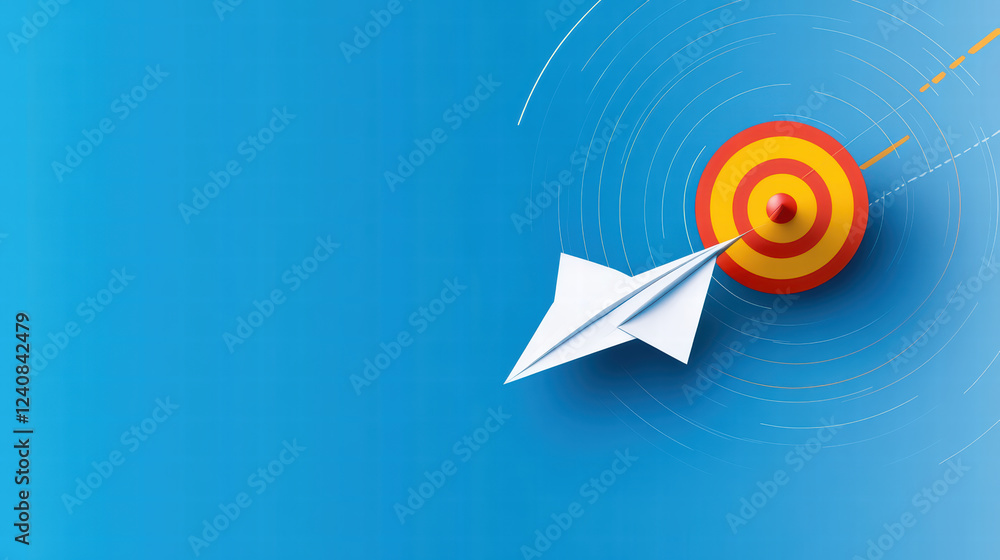 Poster paper airplane soaring towards vibrant target, symbolizing focus and determination. bright colors an
