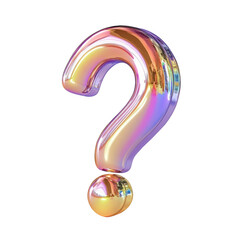 3d icon Colorful holographic symbol question mark with iridescent holographic reflections floating cutout isolated on a transparent background