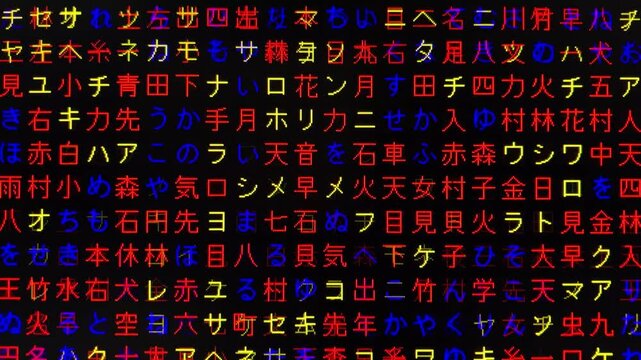 三原色・コンピュータ空間のランダムな文字列・さまざまな文字を含むデータベース・エンコードされたプログラム内のデータセット・数学的計算・大規模言語モデル・機械翻訳・日本語・縦長・ビデオ
