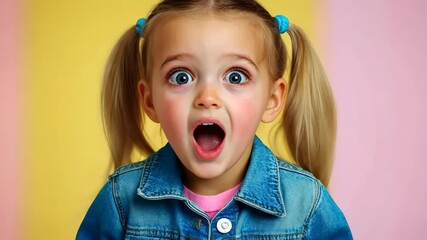 Little girl with blue hair and blue jeans is wide-eyed and surprised. She is standing in front of a yellow background