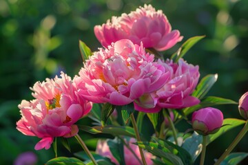 Obraz premium Beautiful pink peonies blooming in a garden, illuminated by the warm glow of the setting sun