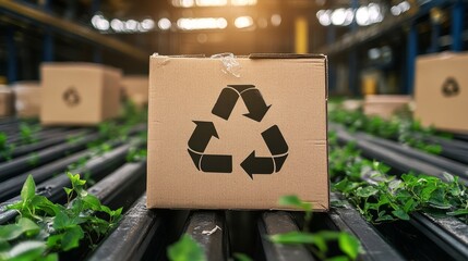 Cardboard boxes with recycling symbol entering production line covered with plants