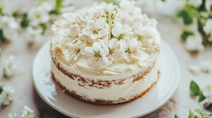 Elegant Spring Cake: Delicate White Cake Adorned with Blossoms