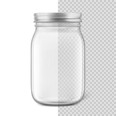 Clear mason jar mockup for food, diy. Hight realistic vector illustration isolated on white and transparent  background. Perfect for easy customisation and editing your design. EPS10.