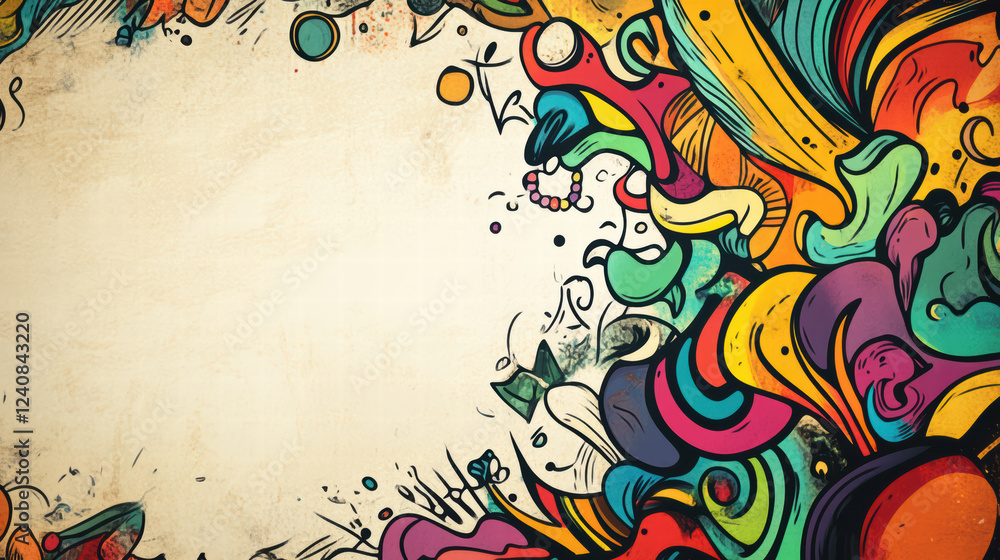 Poster vibrant mix of doodle shapes bursting with color, creating energetic and playful atmosphere. design 