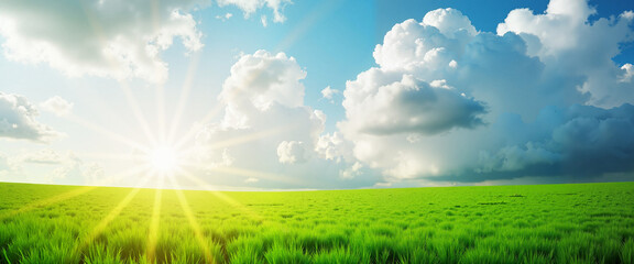 Sunshine over green grass field under blue sky with clouds