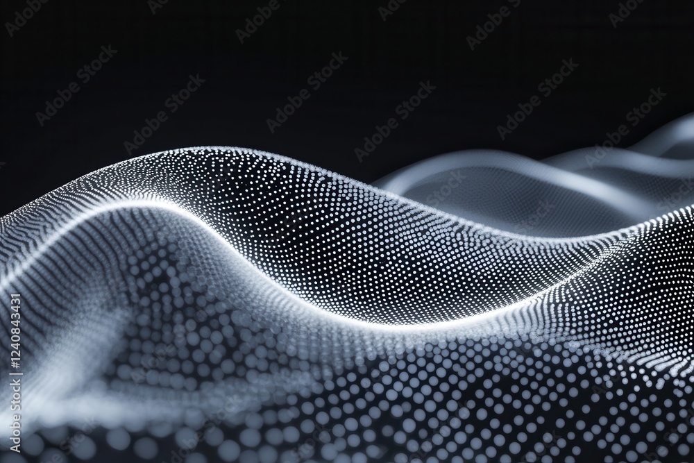 Poster abstract science concept featuring dots and lines connected by bioluminescent lighting against a dar