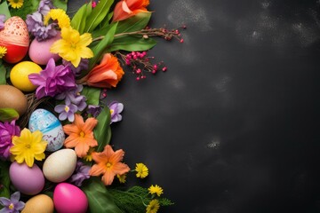 Fototapeta premium Easter eggs and spring flowers creating a vibrant celebratory border on a dark background, perfect for easter projects
