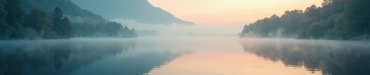 Soft focus on lake's serene surface, misty morning atmosphere, lake, calm, morning