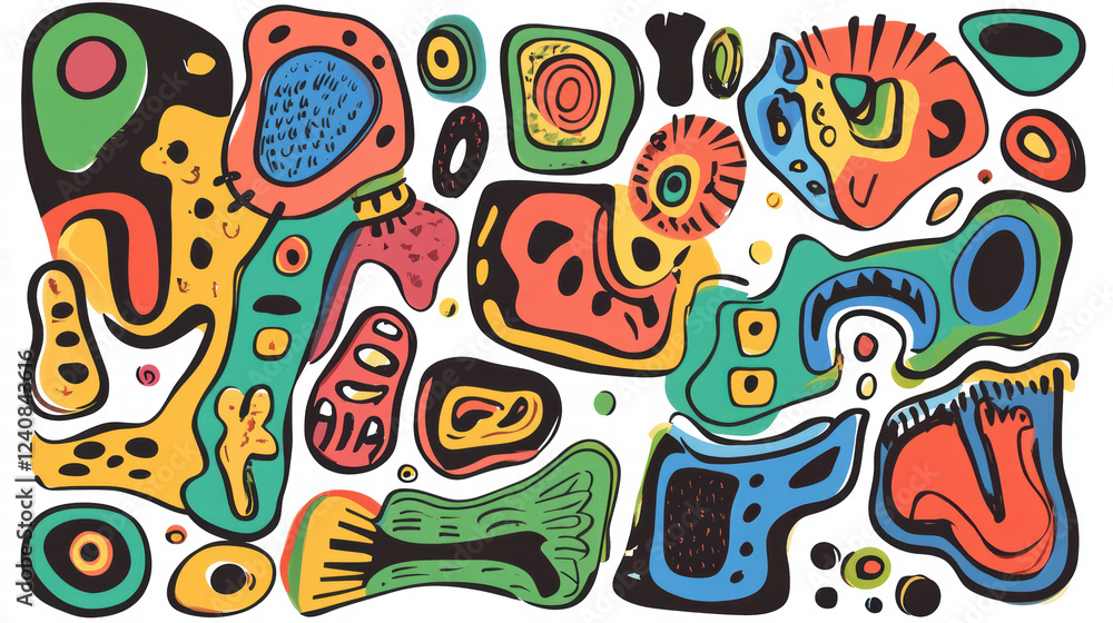 Poster playful doodle shapes in vibrant colors create lively abstract design. composition features various 