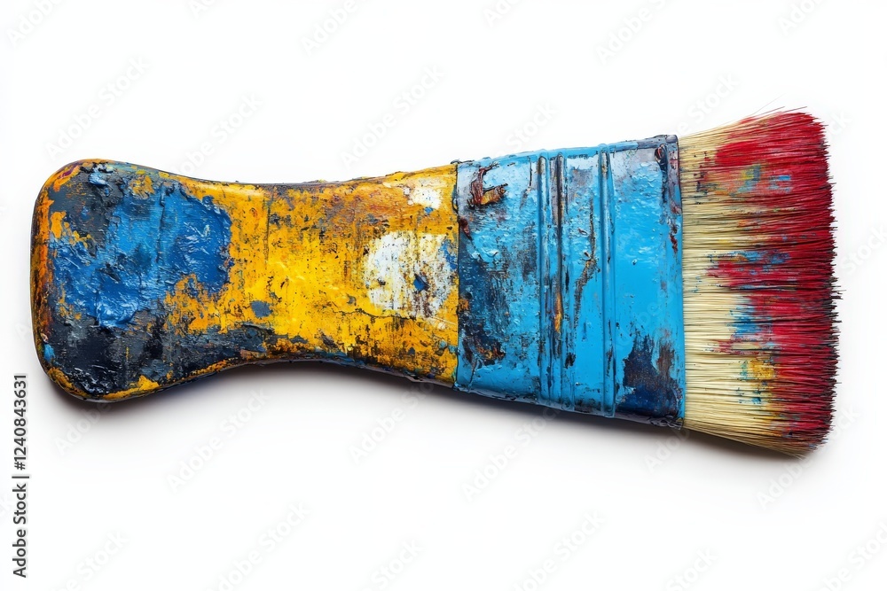 Poster old paintbrush used for colorful artistic projects with chipped handle and vibrant bristles