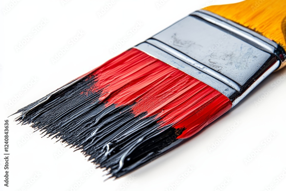 Poster brush with vibrant red and black paint resting on a white surface ready for artistic creation