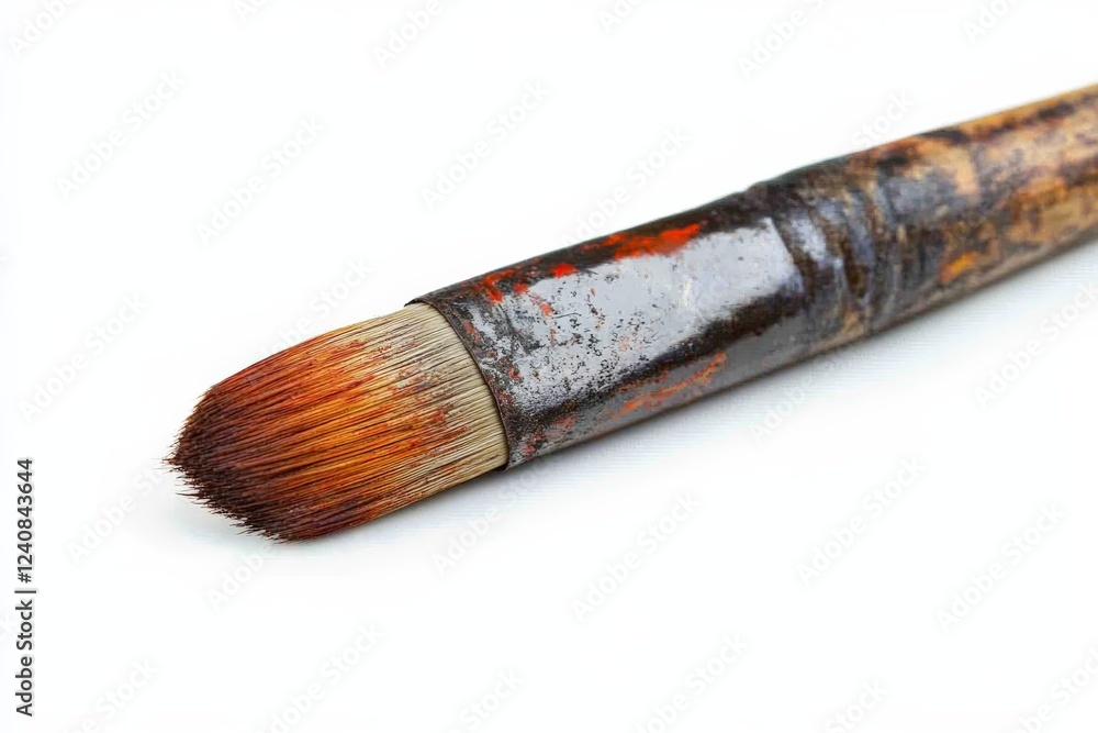 Aufkleber close-up view of a worn paintbrush with bristles showing signs of use against a white background