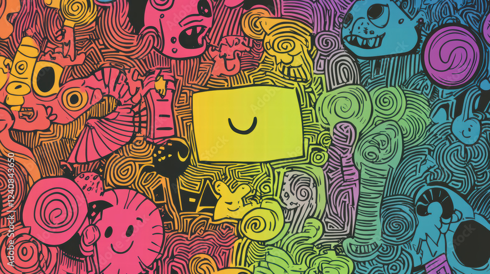 Poster vibrant doodle shapes in colorful abstract design featuring playful characters and whimsical pattern