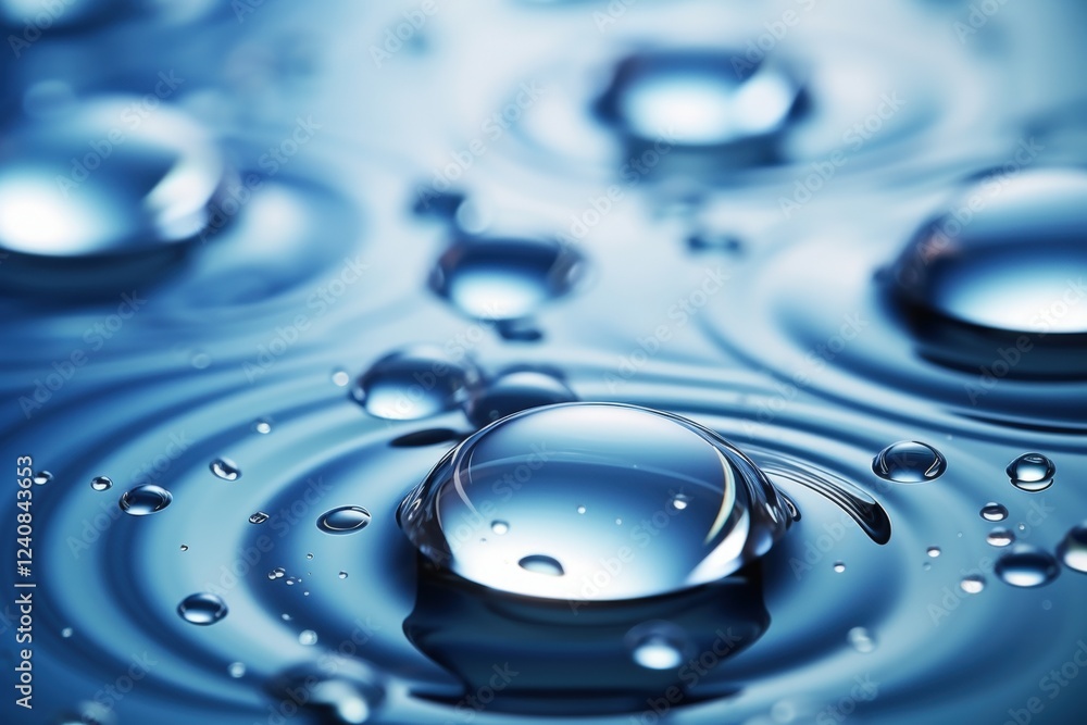 Poster close-up view of water droplets on a smooth surface creating circular ripples with depth and clarity