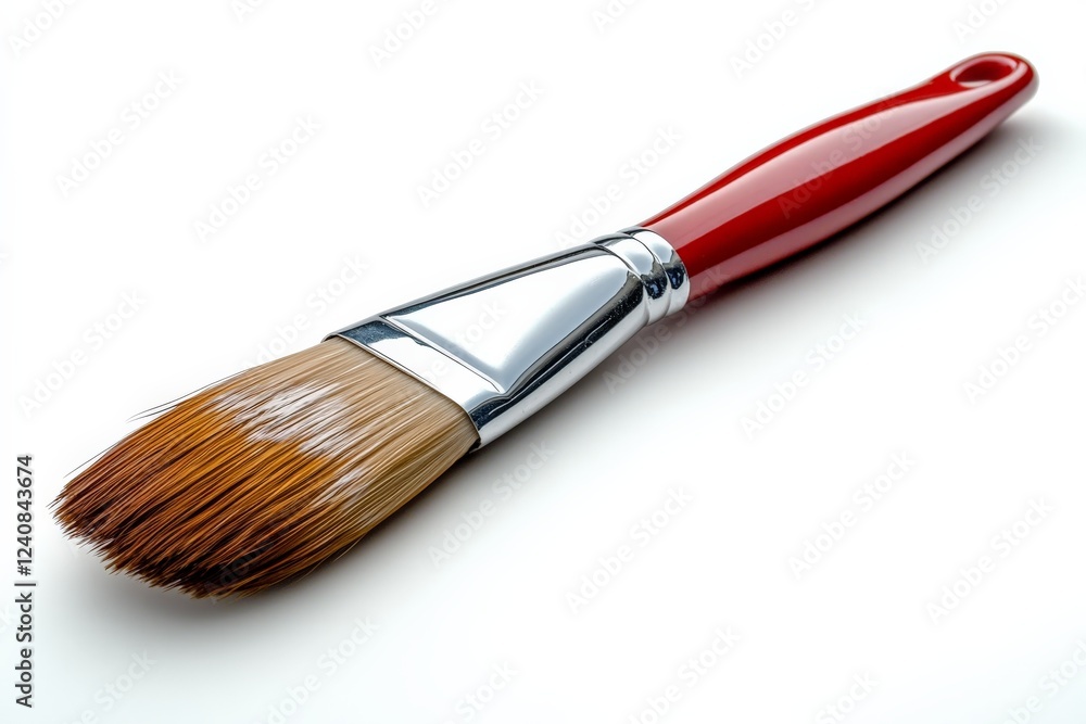 Poster Paint brush with a bright red handle resting on a white background ready for artistic tasks and creative projects