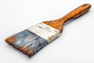 Old used paintbrush with worn bristles lies on a white surface revealing signs of previous work