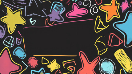 Obraz premium Colorful doodle shapes including stars, circles, and abstract forms on black background create playful and vibrant design. Perfect for creative projects or children themes