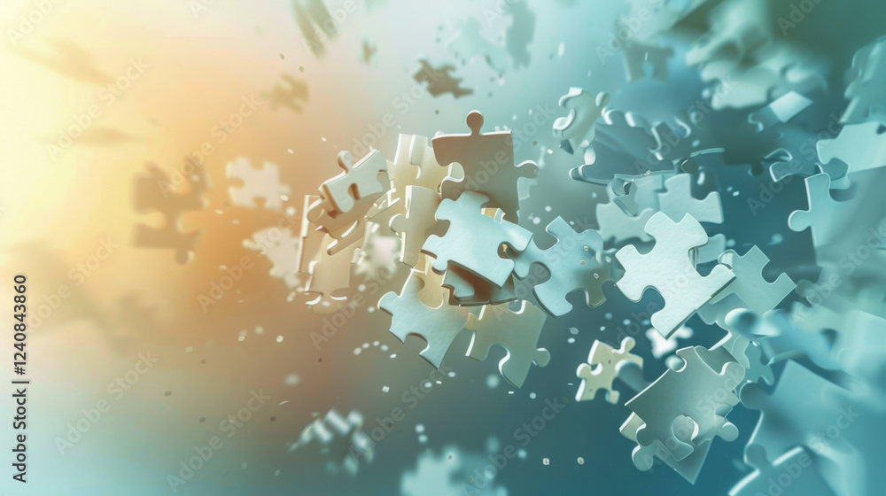 Poster floating puzzle pieces create sense of mystery and challenge, symbolizing problem solving and creati