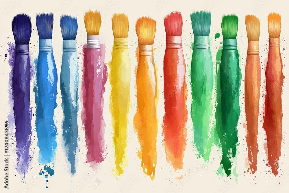 Poster Colorful paintbrushes arranged in a vibrant spectrum showcasing artistic creativity and expression in a studio setting